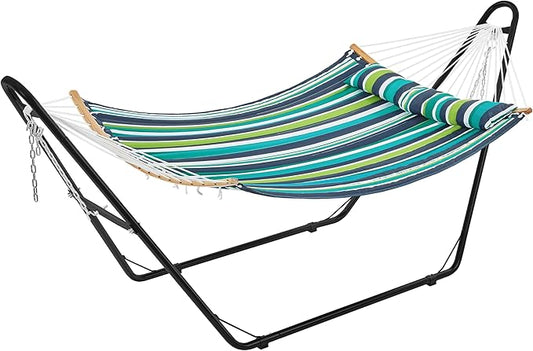 Yaheetech Hammock with Stand Set, 2-3 People Heavy Duty Hammock with Frame & Removable Pillow for Outdoor & Indoor, Max.Weight Capacity 475LB - Green Stripe