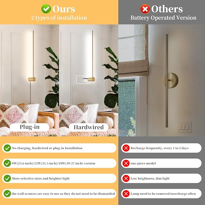 dimmable Modern Plug in Wall Sconce Set of 2, 23.6" Gold Brushed Wall Lights, Indoor Wall lamp Background Lighting with Memory Function, Applicable to Living Room and Bedroom 3000K 4000K 6000K