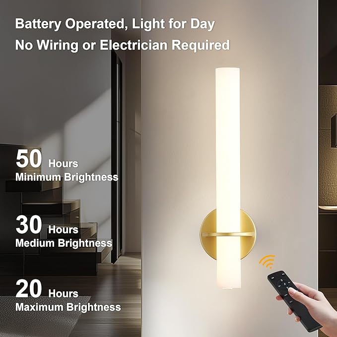 Gold Battery Operated Sconce Set of 2, Rechargeable Wireless Wall Lights with Remote Control,Dimmable,3000K-6000K,360° Rotation, Cordless Lighting for Living Room,Bedroom,Hallway,18 Inch