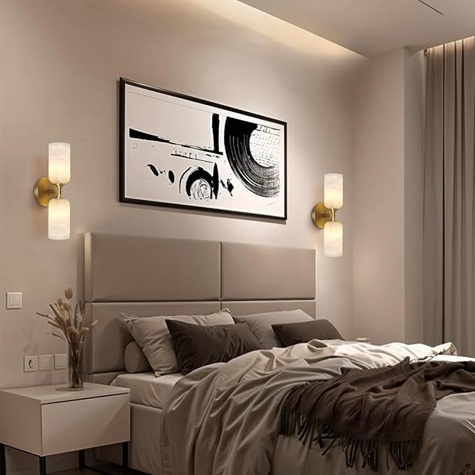 Alabaster Wall Sconce 14in Modern Spanish Natural Marble Bathroom Vanity Sconces, Antique Brass Sconces Wall Lighting, Gold Wall Light Fixtures Decor, for Bedroom Living Room Staircases Hallway