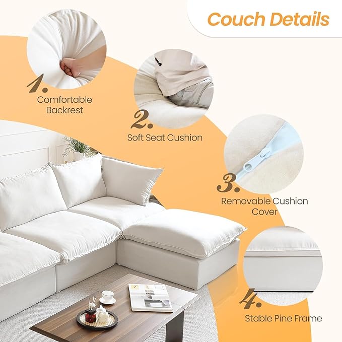 JACH L-Shaped Sectional Couches, Comfy Modular Sectional Couch, Cushion Covers Removable, Two Corners and A Middle, Sofas Furniture for Living Room, White