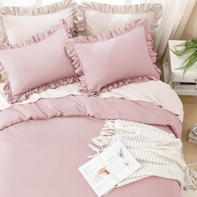 Litanika Grayish Pink King Size Comforter Set, 3 Pieces Ruffle Farmhouse Aesthetic Bedding Comforter Set, All Season Soft Lightweight Fluffy Microfiber Bed Set(104x90In Comforter, 2 Pillowcases)