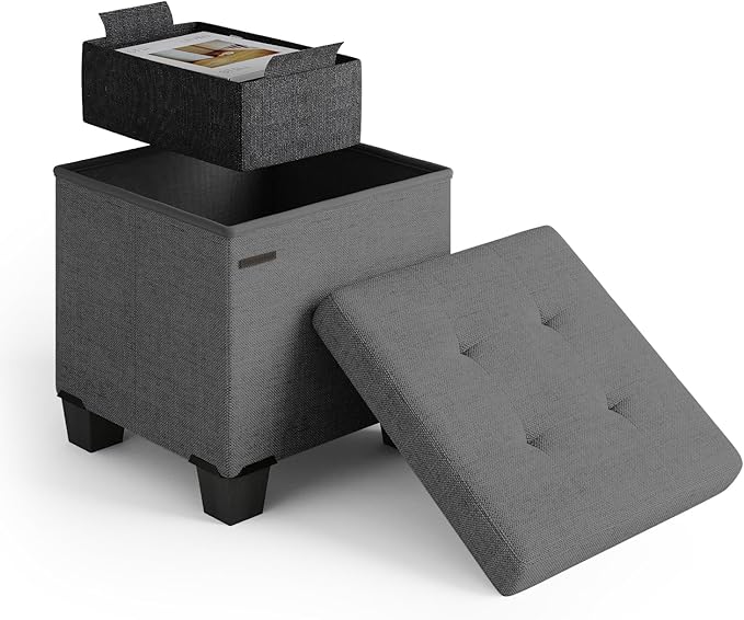 STORAGEBUD Storage Ottoman Cube with Small Bin, 16-in Square Ottoman with Storage for Living Room and Bedroom, Small Ottomans Foot Rest, Fabric Foot Stools Ottomans Max 330lbs, Grey