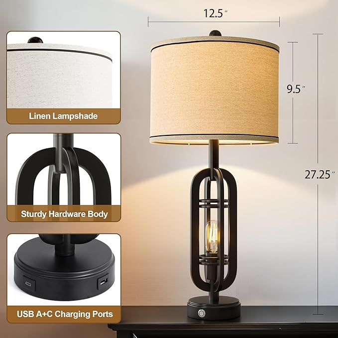 27.25'' Table Lamps Set of 2 for Living Room Bedroom Industrial Farmhouse Metal Touch Lamps with USB A+C Ports, Night Light Vintage Nightstand Bedside Lamp, Bulbs Included, Black
