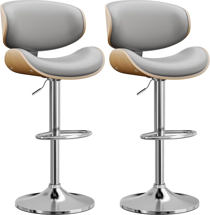 Bar Stools Set of 2, Bentwood Adjustable Height Swivel Bar Stools, PU Leather Upholstered Bar Chair with Back and Footrest for Bar, Kitchen, Grey