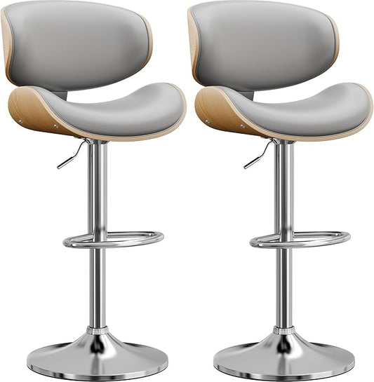Bar Stools Set of 2, Bentwood Adjustable Height Swivel Bar Stools, PU Leather Upholstered Bar Chair with Back and Footrest for Bar, Kitchen, Grey