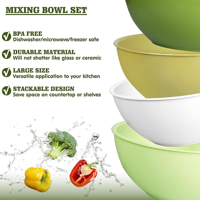 4-Piece Plastic Mixing Bowl Set, 113oz Lightweight Serving Bowls, Large Salad Bowls for Baking,Prepping, Cooking and Serving Food, Dishwasher & Microwave Safe