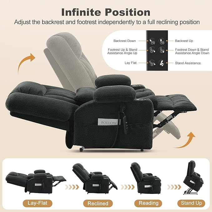 Large Dual Motor Power Lift Recliner Chair with Massage and Heat for Big Elderly People,USB & Type C Ports,Oversized Electric Lay Flat Recliners,Infinite Position,Side Pockets,Cup Holders(Grey)
