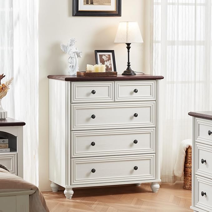 Farmhouse 5 Drawer Dresser for Bedroom Set of 2, 35.5" Tall Small Dressers & Chest of Drawers, Rustic Wood Dresser with Roman Column, Storage Organizer for Living Room, Hallway, Closet (White)