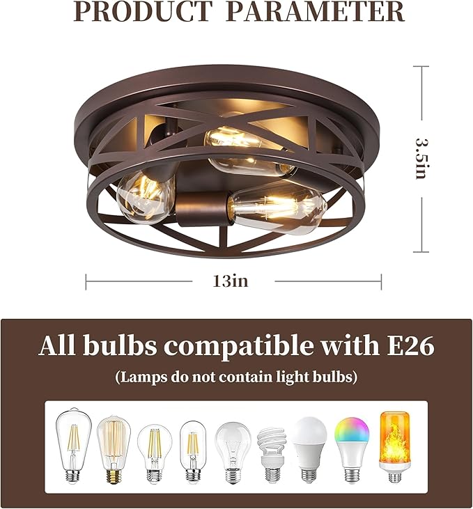 13 inch Flush Mount Ceiling Light Fixtures,3-Light Modern Hallway Light Fixtures Ceiling, Brown Lights Fixture Ceiling Mount for Farmhouse,Kitchen, Bedroom 2 Pack