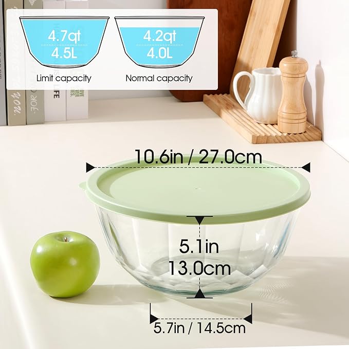 NUTRIUPS 4.7 Quart Large Glass Mixing Bowl with Lid, Deep Big Glass Bowl Large Salad Bowl (Green-A)
