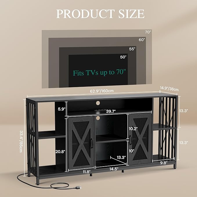 YITAHOME 33.5'' Tall TV Stands for Living Room, TV Entertainment Center with LED Light, TV Stand for TVs up to 70 Inch, Tall TV Console Cabinet with Power Outlets, Black