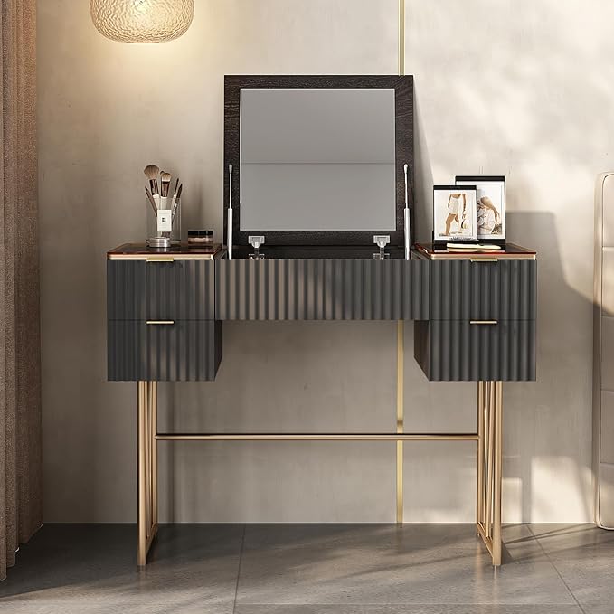 Lartis Flip Top Vanity Table Stylish Makeup Vanity with Stool, Makeup Vanity Desk, Reversible Makeup Mirror, Hidden Storage Compartment,Very Easy to Assemble