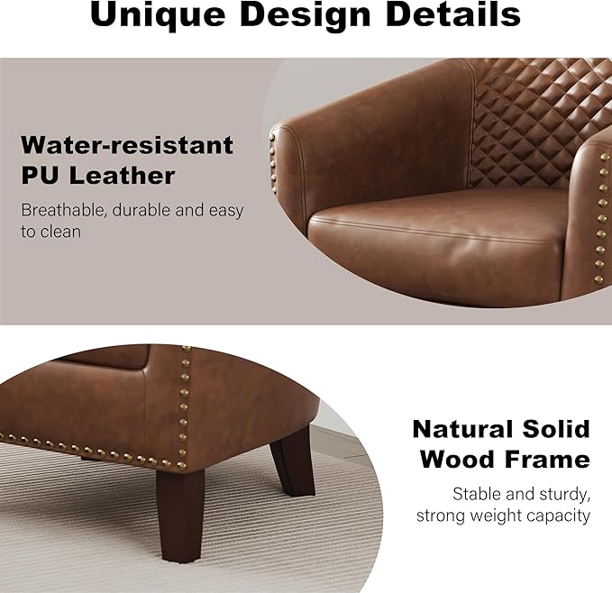 Accent Barrel Chair, Upholstered Faux Leather Club Chair with Nailed Trim, Comfy Reading Armchair for Living Room Bedroom Reception Room Office (Brown, Set of 2)