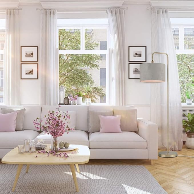 Globe Electric 67398 Barden 58" Floor Lamp, Brass, Light Gray Velvet Shade, On/Off Socket Rotary Switch