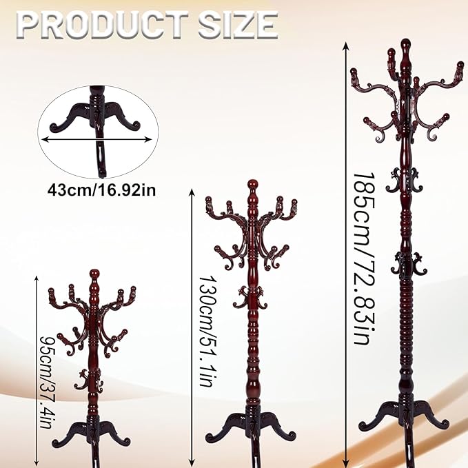 73" Wooden Coat Rack Stand,Coat Racks Freestanding With 14 Hooks And Solid Round Base Heavy Duty Adjustable Height Hall Tree Coat Rack for Entryway Hallway Foyer Office Bedroomf (3-Legged Redwood)