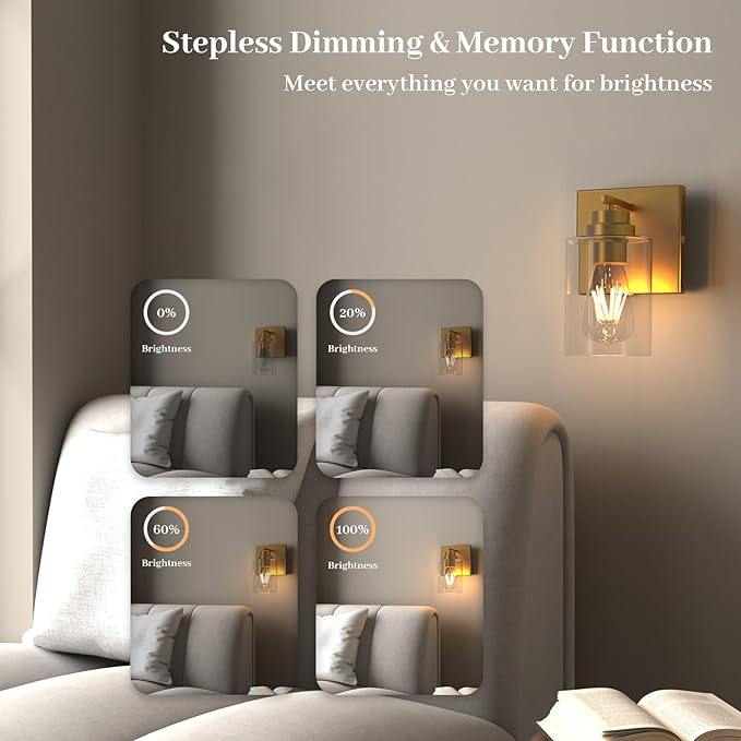 Battery Operated Wall Sconce with Remote Control Set of 2, Dimmable Wall Mounted Light Easy Install, Rechargeable Wireless Wall Lamp for Bedroom Bathroom Kitchen Vanity Mirror, Brass