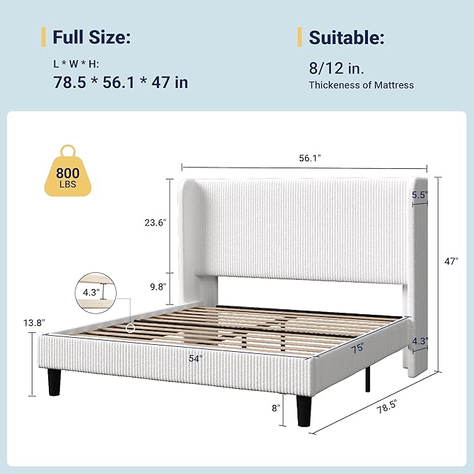 Allewie Full Size Bed Frame with Upholstered Wingback Headboard, Vertical Channel Tufted Corduroy Velvet Platform Bed, Strong Wooden Slats Support, No Box Spring Needed, Easy Assembly, Sturdy, White