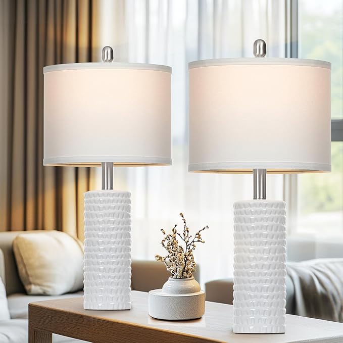 24.5" Modern Ceramic Table Lamps for Living Room ，Farmhouse Nightstand Lamps Set of 2 with White Linen Shade Office Reading Lamp ，Bedroom Lamps for Bedside End Table, Bedroom, Living Room, White