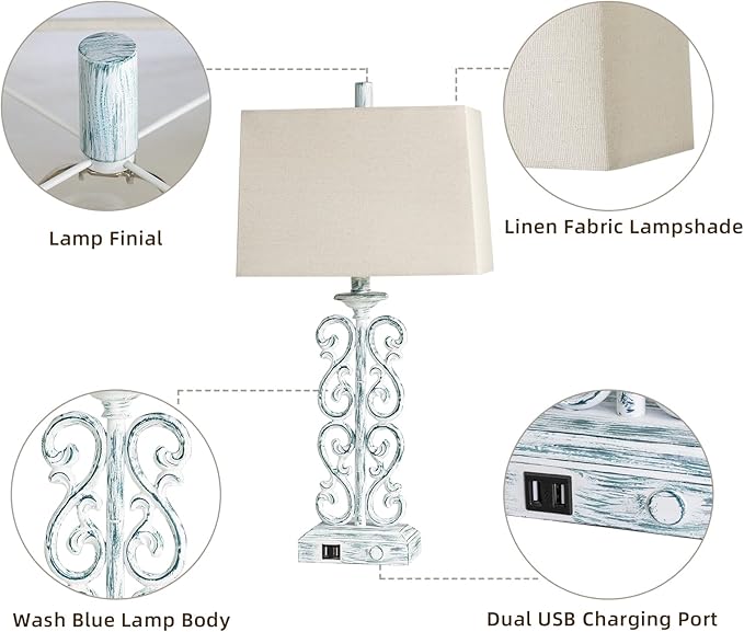 25" Coastal Set of 2 Touch Resin Table Lamps for Living Room with 3-Way Dimmable Dual USB Ports, Rustic Farmhouse Lamps for Bedside Bedroom, Nightstand Home Decor, 2 Bulbs Included