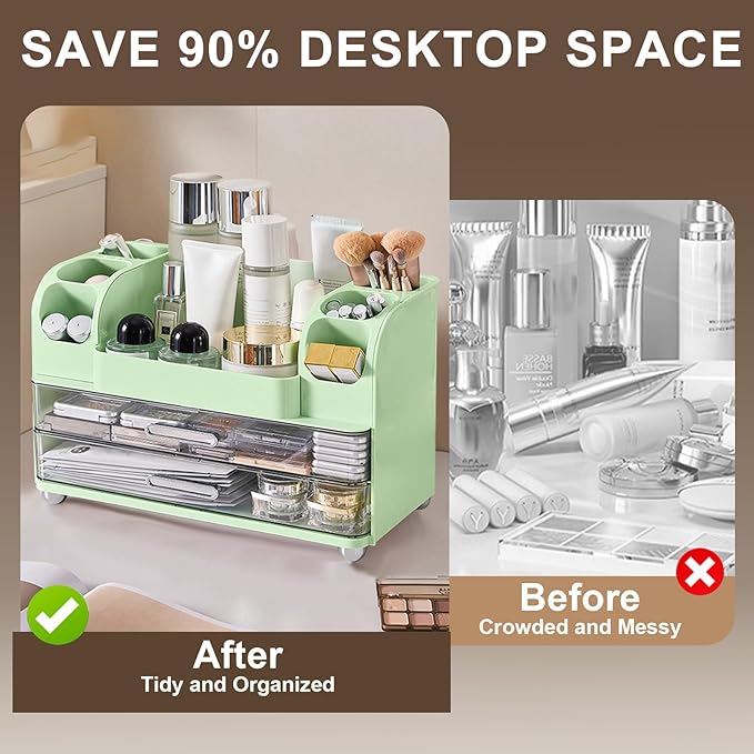 DASITON Large Capacity Makeup Organizer for Vanity with 2 Drawers, Skincare Organizers with Makeup Brush Holder, Cosmetic Display Case for Dresser Vanity Bathroom Countertop (Green)