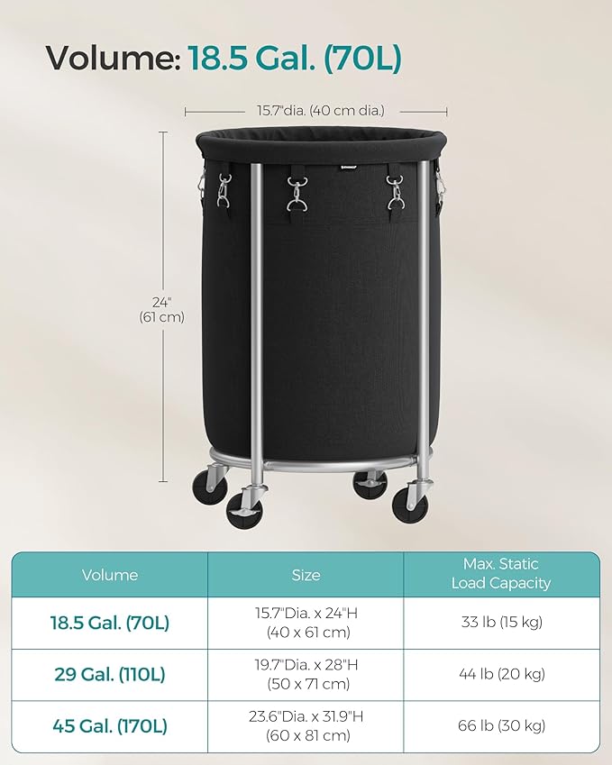 SONGMICS 18.5-Gallon (70 L) Laundry Basket with Wheels, Rolling Round Heavy-Duty Laundry Hamper Cart with Steel Frame and Removable Bag, 2 Locking Wheels, Ink Black and Metallic Silver URLS006B01