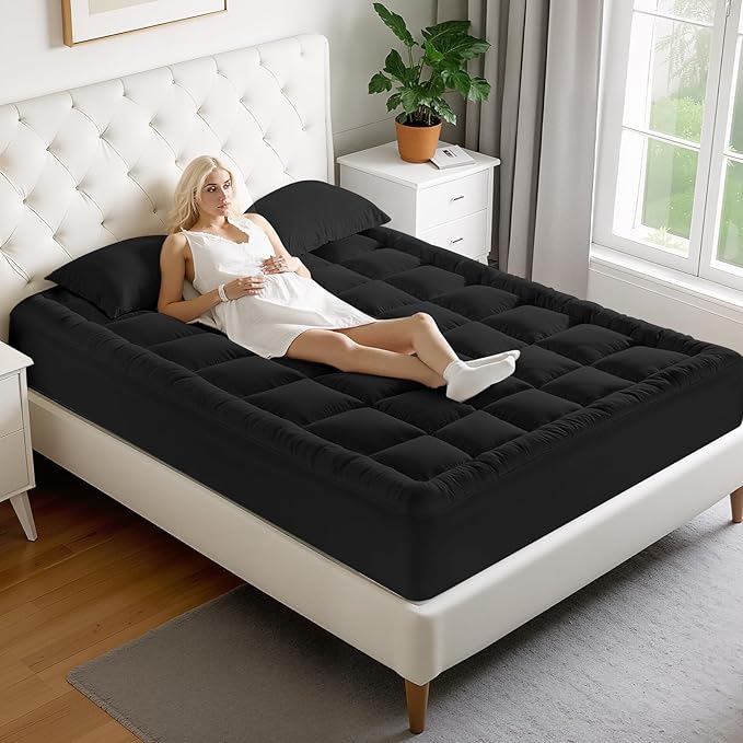 MATBEBY King Size Mattress Pad - Cooling Breathable Mattress Topper, Quilted Fitted Mattress Protector, Pillow Top Mattress Cover with 8-21" Deep Pocket, Soft, Machine Washable, Black, 78x80 Inches
