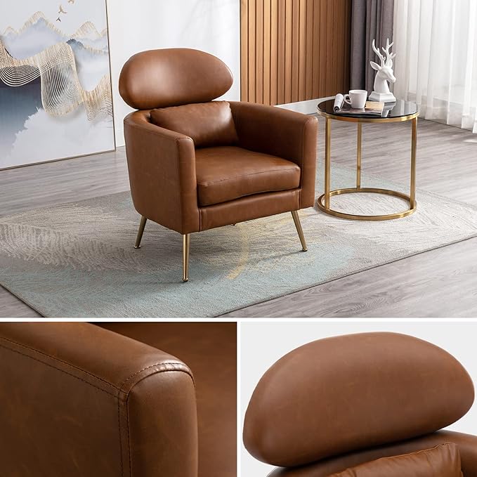 Accent Chair Set of 2 Upholstered Barrel Arm Chair for Living Room Bedroom Reception Room Office, Modern Soft Padded Single Sofa Chair with Golden Legs & Lumbar Pillow, PU Brown