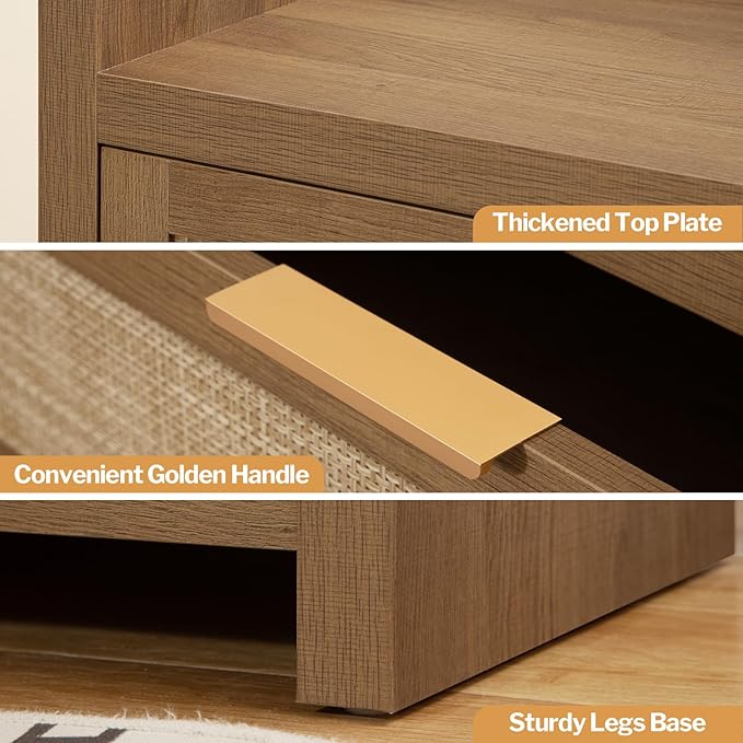 SICOTAS Dresser for Bedroom Chest of Drawers 38" Tall Dresser for Closet with 4 Rattan Drawers Boho Nightstands Set of 2 Large Clothes Storage Cabinet TV Stand for Living Room Hallway Nursery Entryway