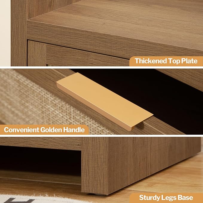 SICOTAS Dresser for Bedroom Chest of Drawers 38" Tall Dresser for Closet with 4 Rattan Drawers Boho Night Stand Large Clothes Storage Cabinet for Living Room Hallway Nursery Entryway