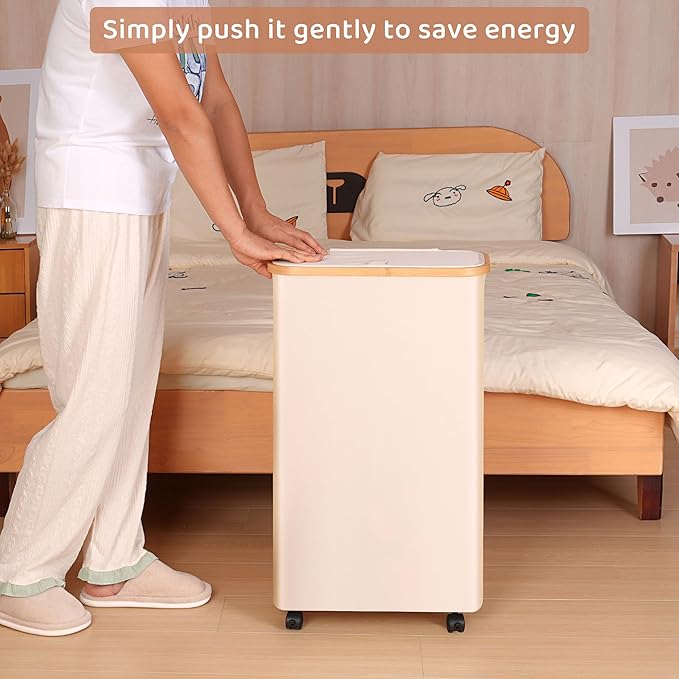 Slim Laundry Basket with Wheels,Narrow Hampers for Laundry,Freestanding Laundry Hamper with Lid&Bamboo Handles,Collapsible & Waterproof Tall Cloth Hamper for Dorm Family(60L Beige)