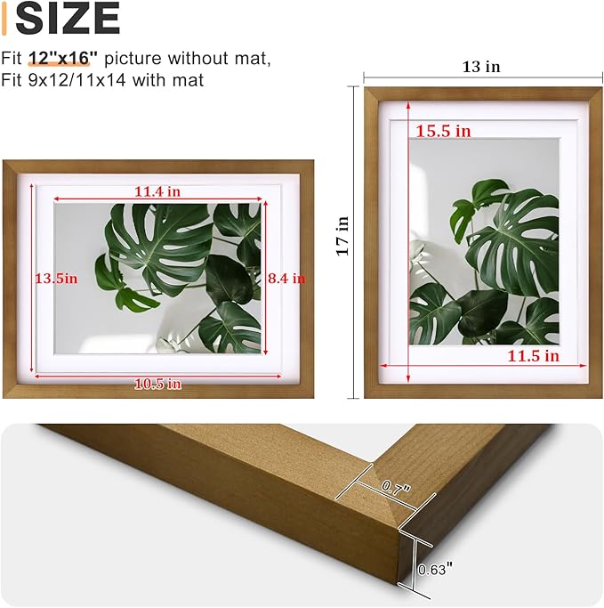 Egofine 12x16 Picture Frame Made of Solid Wood with Plexiglass, Display Pictures 9x12/11x14 with Mat or 12x16 Without Mat, for Wall Mounting Photo Frame, Light Brown