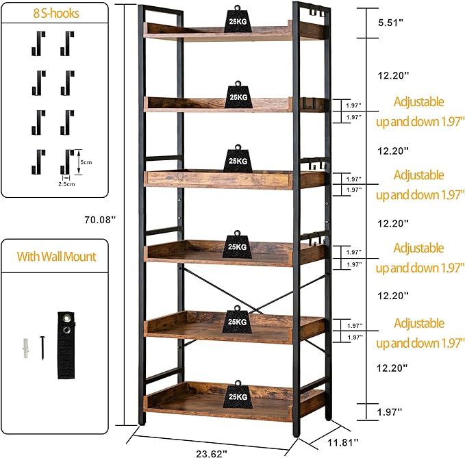 HCHQHS Adjustable 6 Tier Open Bookcase, Rustic Farmhouse Book Shelves, Industrial Wood and Black Metal Bookshelves, Mid Century Bookcase for Home Office Living Room Bedroom
