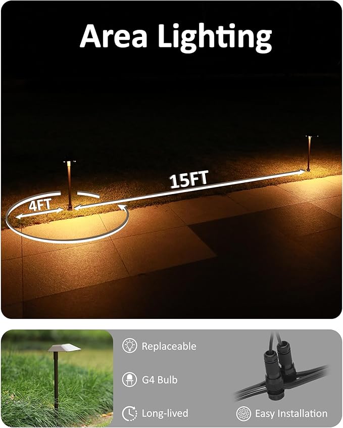 Landscape Path Lights Low Voltage, 6PK Bronze, Work with Replaceable 5W 3000K LED G4 Bulb and Connectors, 12V Wired Landscape Lighting for Outdoor Pathway Driveway Garden, Aluminum