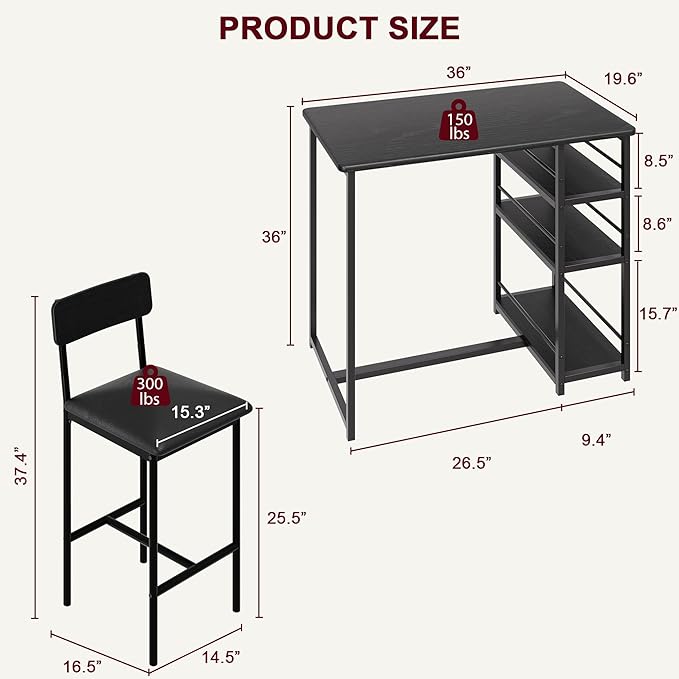 CABIHOME Dining Table Set for 2, Kitchen Table and Upholstered Chairs for 2, 3 Piece Counter Height Bar Table Set with 3 Large Storage Shelves for Small Space, Apartment, Studio, Rustic Black