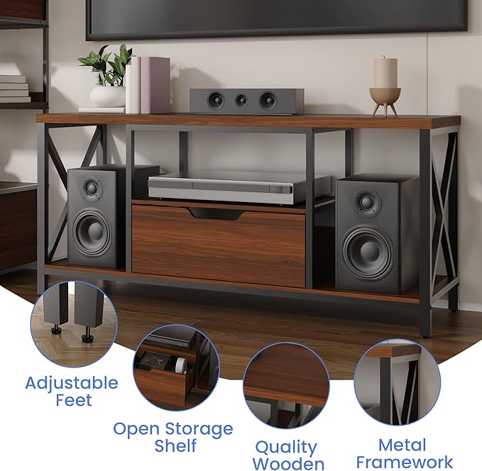 TV Stand with Drawer for TVs up to 60 Inch, Industrial TV Console Table with Open Storage Shelves, Modern Entertainment Center for Living Room, Brown