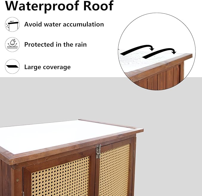 60 Inches Outdoor Storage Shed, Wood Shed with Rattan Indoor Storage Cabinet with Floor, Adjustable Shelves for Patio, Garden,Lawn and Living Room, Carbonized Black