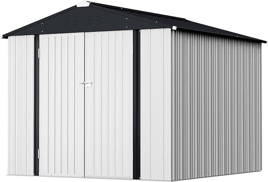 GUNJI 8 x 6 FT Shed Outdoor Storage Shed Metal Garden Shed with Lockable Door Outside Waterproof Tool Shed for Backyard, Patio, Lawn (White)