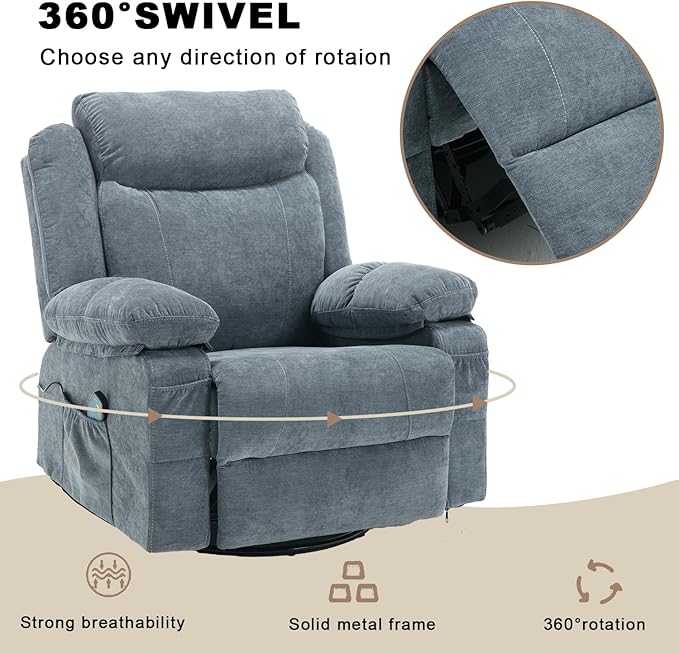 Overstuffed Rocker Recliner Chair, Fabric Massage Recliner Chairs with Heat for Adults, Oversized Reclining Swivel Sofa Manual Home Theater Rocking Recliner Lounge Chairs(Blue)