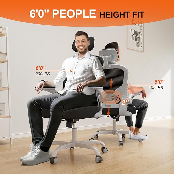 Office Chair Ergonomic Desk Chair, 330LBS Capacity, High Back Computer Chair for Long Hours Comfortable, Rolling Swivel Chair for Home Office, Flip-up Armrests（Grey Black）