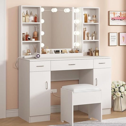 Vabches Makeup Vanity Desk with Lights, 3 Lighting Colors, White Vanity Set Makeup Table, Large Vanity with 3 Drawers, 2 Cabinets and Multiple Shelves, 45.2in