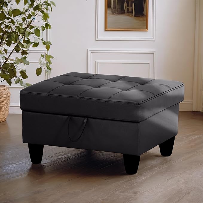 Ottoman Rectangular Storage Ottoman Bench, Faux Leather Footrest, Coffee Table, Stool Footstool with Hinged Lid for Living Room, Bedroom, Entryway, Black, 35"x23.5"x17.5"