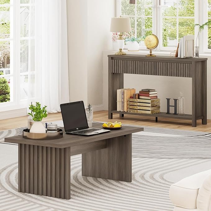 BON AUGURE Fluted Coffee Table, Wood Living Room Tables, Rectangle Coffee Tables for Living Room, Center Table for Home, Office (Greige Oak, 43Inch)