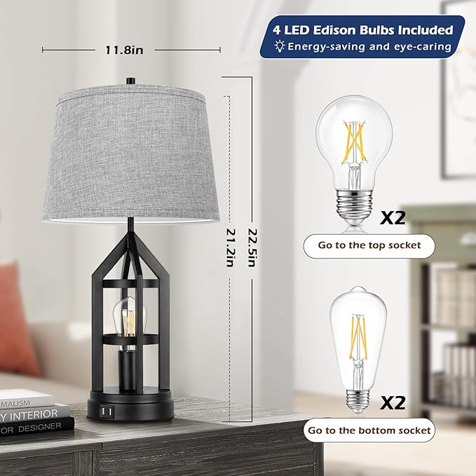 BesLowe 2-Light Farmhouse Rustic Touch Table Lamps Grey, 3-Way Dimmable Bedside Lamps with 2 USB Ports for Bedroom, End Table Lamps for Living Room with Gray Shades, 4 LED Bulbs Included, Set of 2