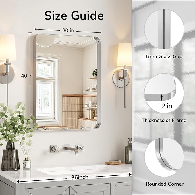 USHOWER Brushed Nickel Bathroom Mirror 30"x40", Silver Rectangle Mirror for Over Sink, Rounded Corner, Aluminum Frame, Anti-Rust, Tempered Glass, Horizontal or Vertical Mounted