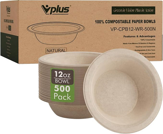 Vplus 500 Pack 12 OZ Paper Bowls Bulk, Disposable Compostable, Eco-friendly Bagasse, Heavy-duty Bowls Perfect for Milk Cereals, Snacks, Salads Nature