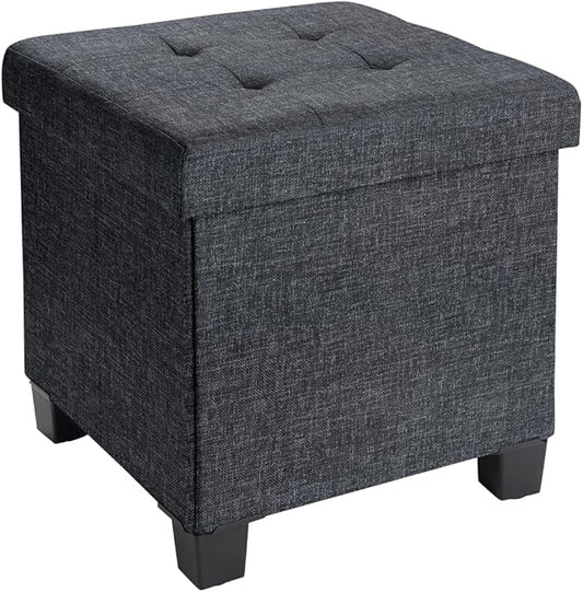 Ornavo Home 15 Inch Folding Storage Ottoman with Storage, Square Cube Linen Small Storage Ottoman Foot Rest Stool with Legs - Black
