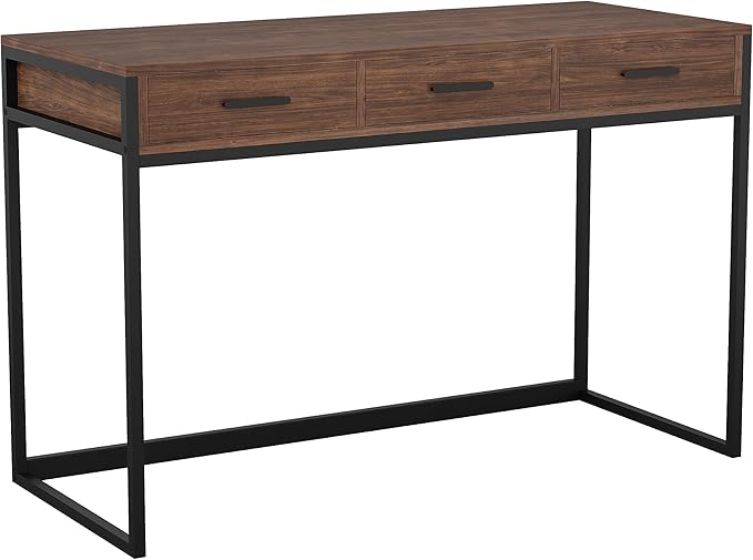 Martha Stewart Ollie Home Office Desk with 3 Drawers in Walnut Wood Grain with Oil Rubbed Bronze Hardware