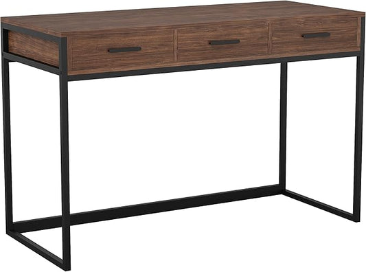 Martha Stewart Ollie Home Office Desk with 3 Drawers in Walnut Wood Grain with Oil Rubbed Bronze Hardware