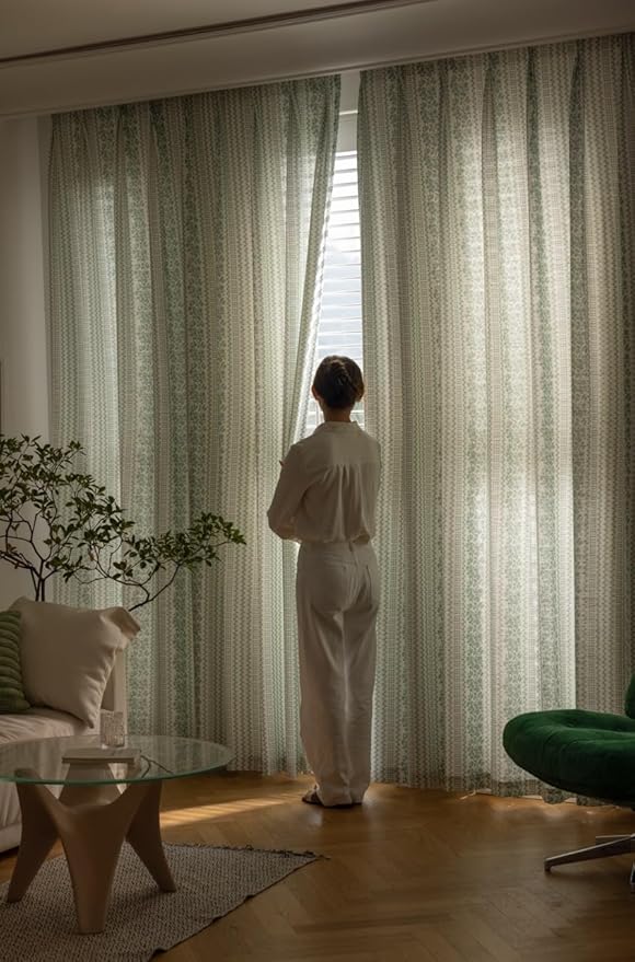 Linen Blend Pinch Pleated Curtains for Living Room, Bedroom, Dining Room - Light Filtering Curtains 2 Panels Set - Luxury and Modern Floral Printed Design - Summer Green, 30" W x 96" L
